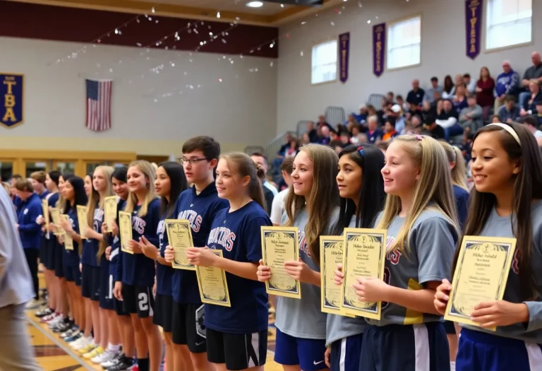 Young athletes celebrating achievements at high school sports awards