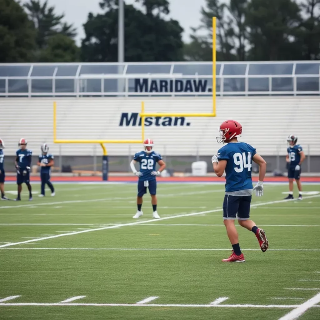 Student-athletes training on a high school football field