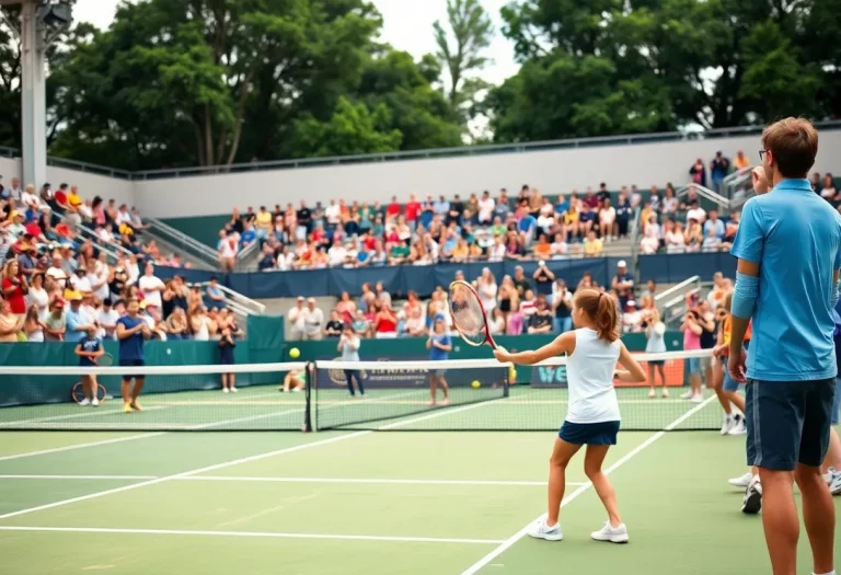 Championship match in high school tennis with players on court