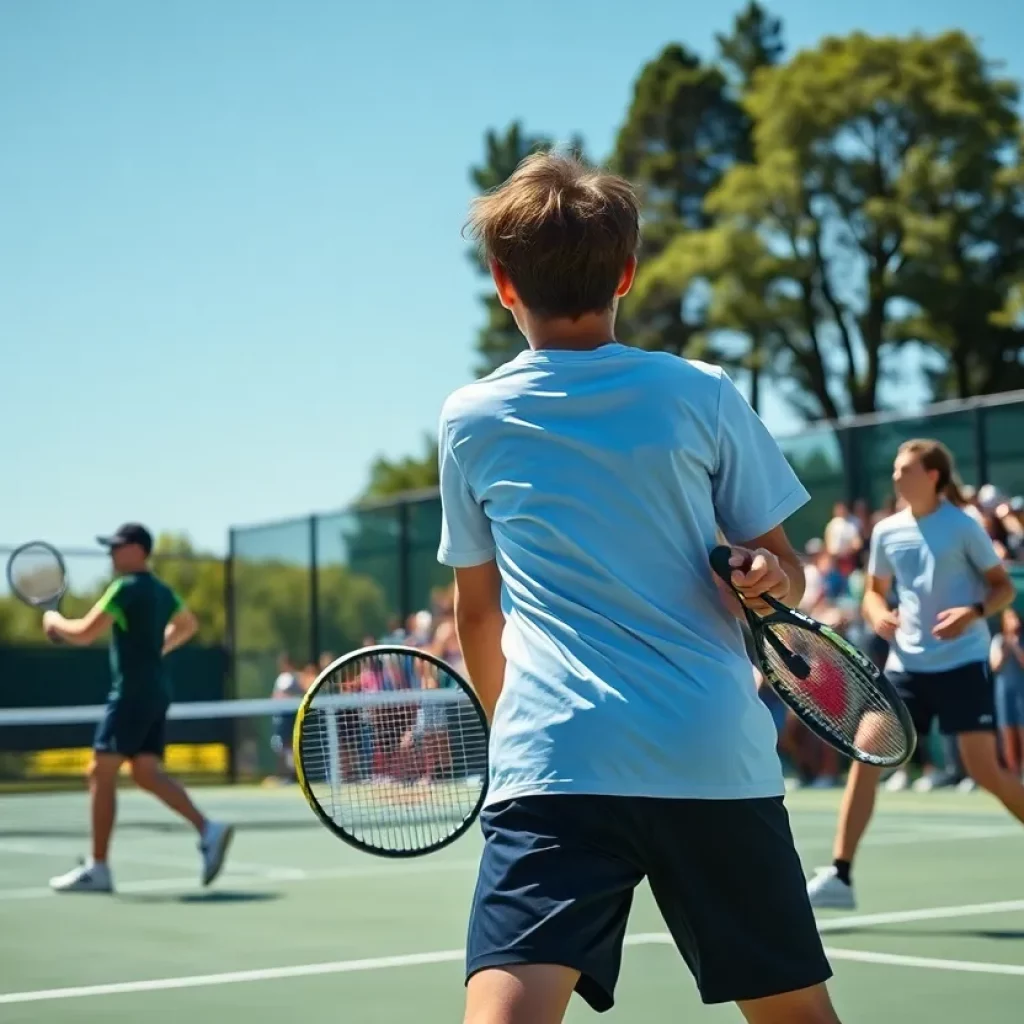 A lively high school tennis match taking place under the sun.