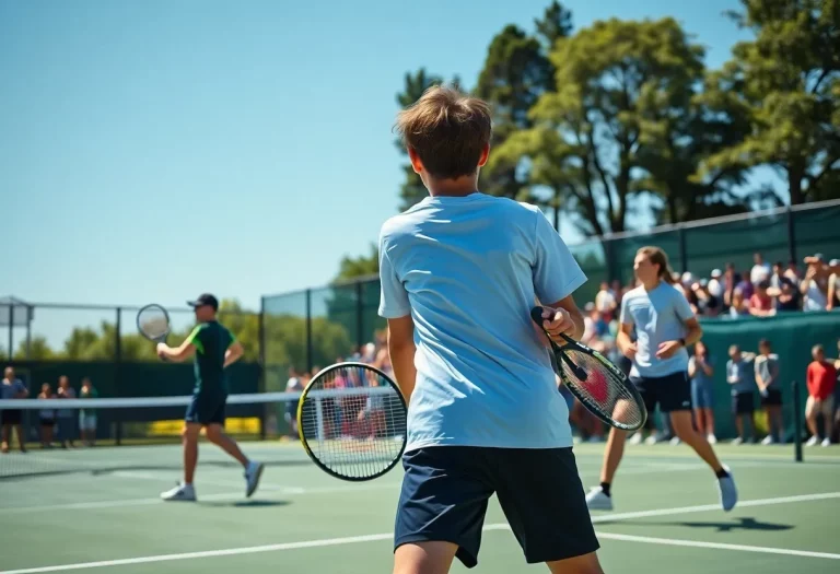 A lively high school tennis match taking place under the sun.