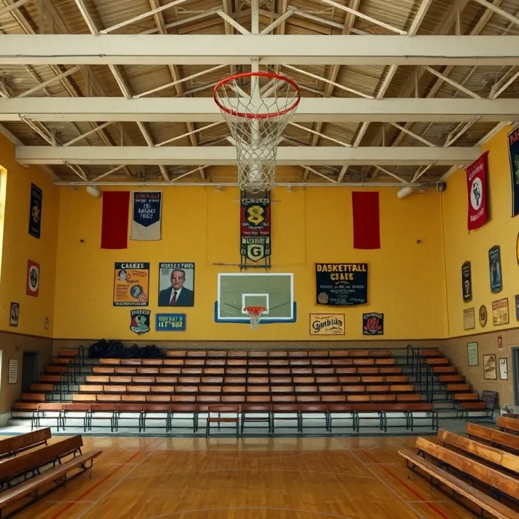 Interior of a historic basketball gym in Indiana