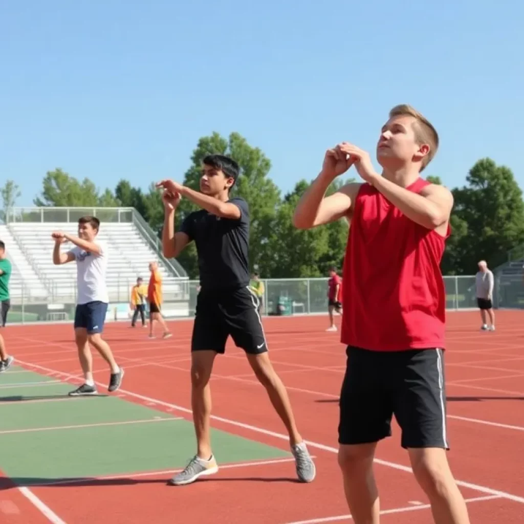 Track and field athlete in motion throwing a shot put in a competition.