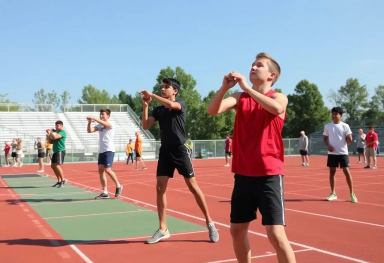 Track and field athlete in motion throwing a shot put in a competition.