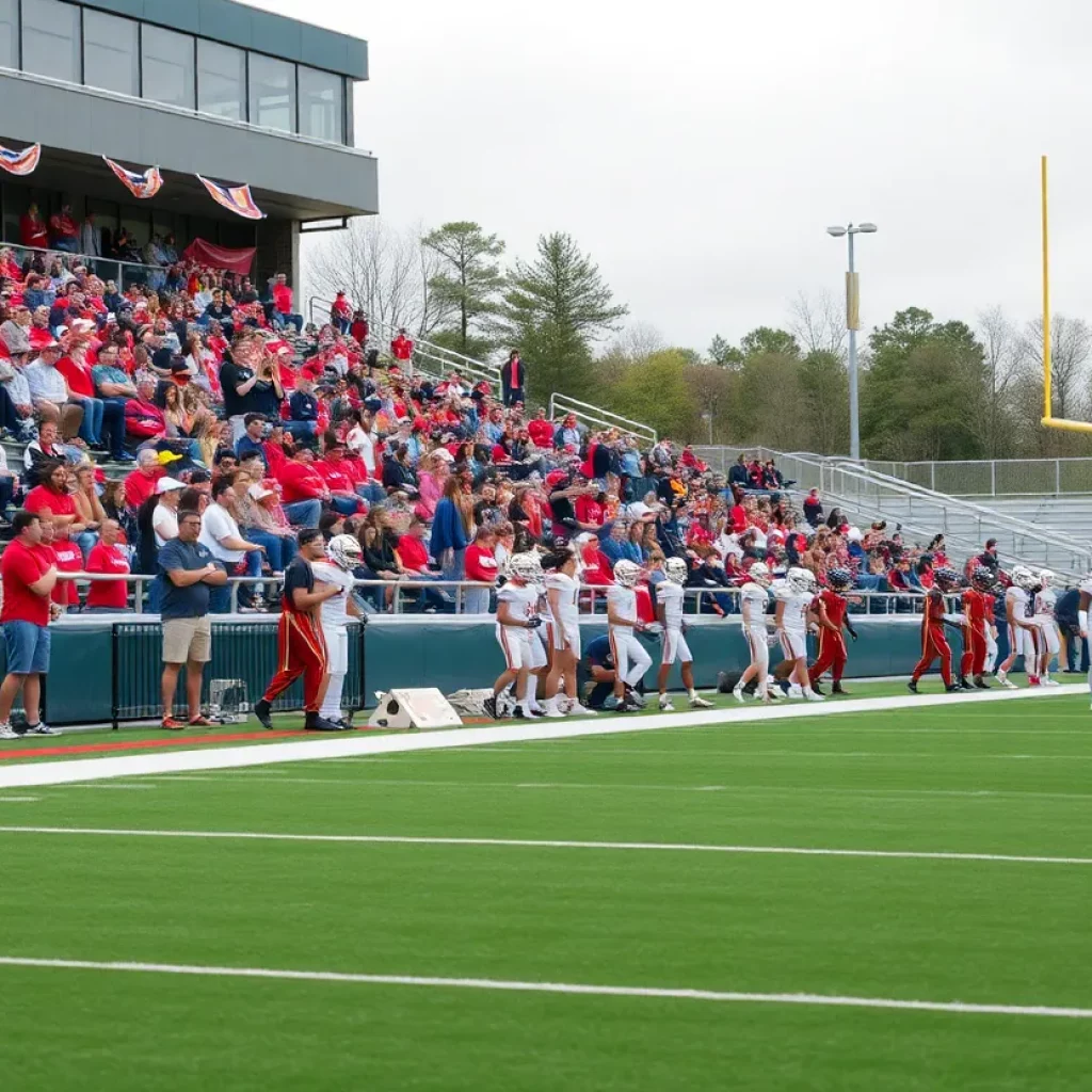 High school sports event with fans cheering and players preparing for the game.