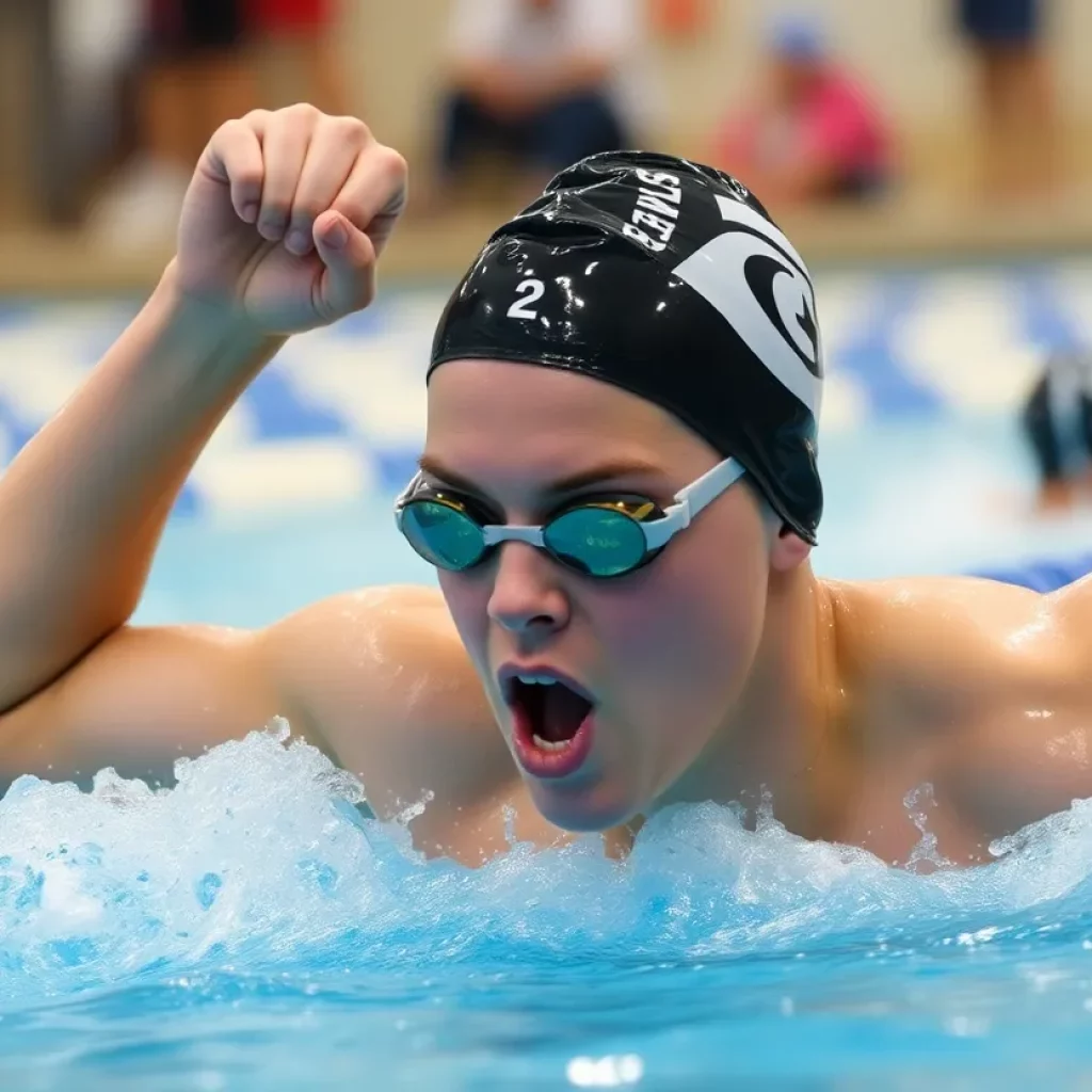 Swimmer celebrating a victory at a swim meet.