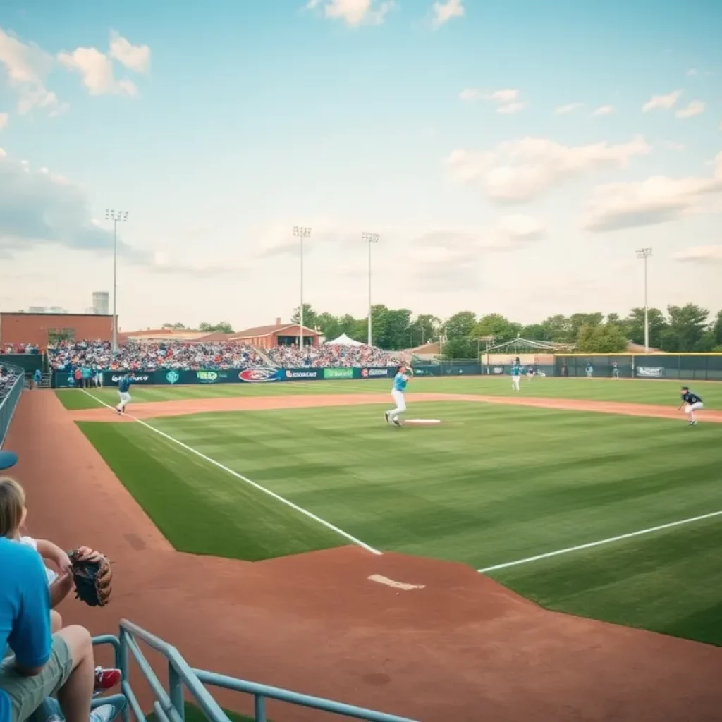 A lively scene from the Indiana high school baseball sectionals with players and fans.