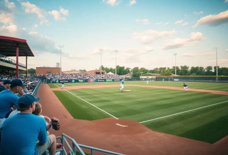 A lively scene from the Indiana high school baseball sectionals with players and fans.