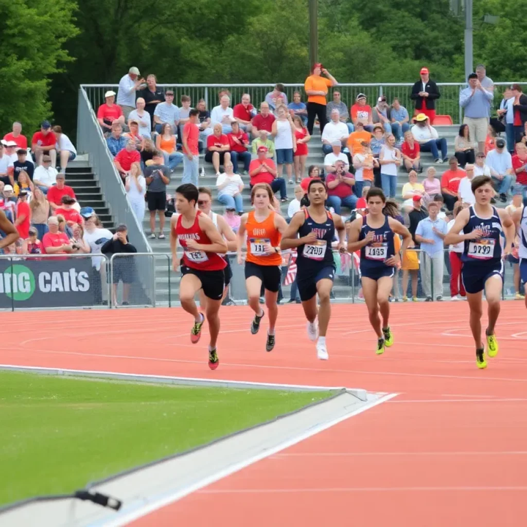 Athletes competing at the Indiana State Track Meet with fans cheering.