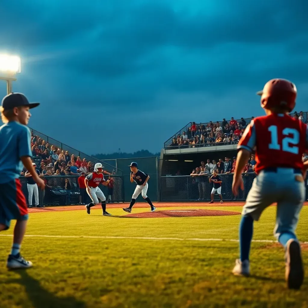 Youth baseball players in action on the field during a game