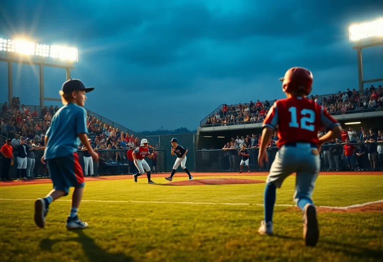 Youth baseball players in action on the field during a game