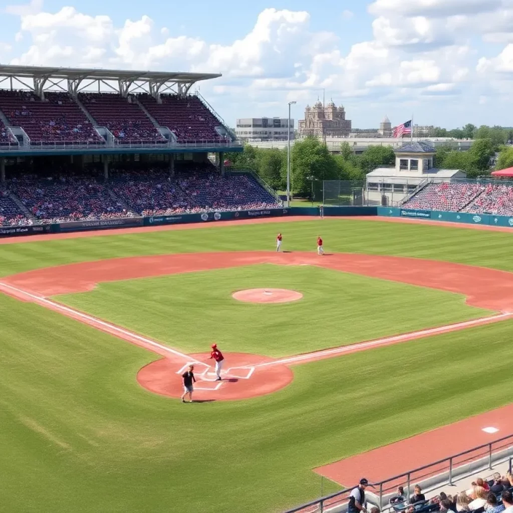 High school baseball teams practicing on a field
