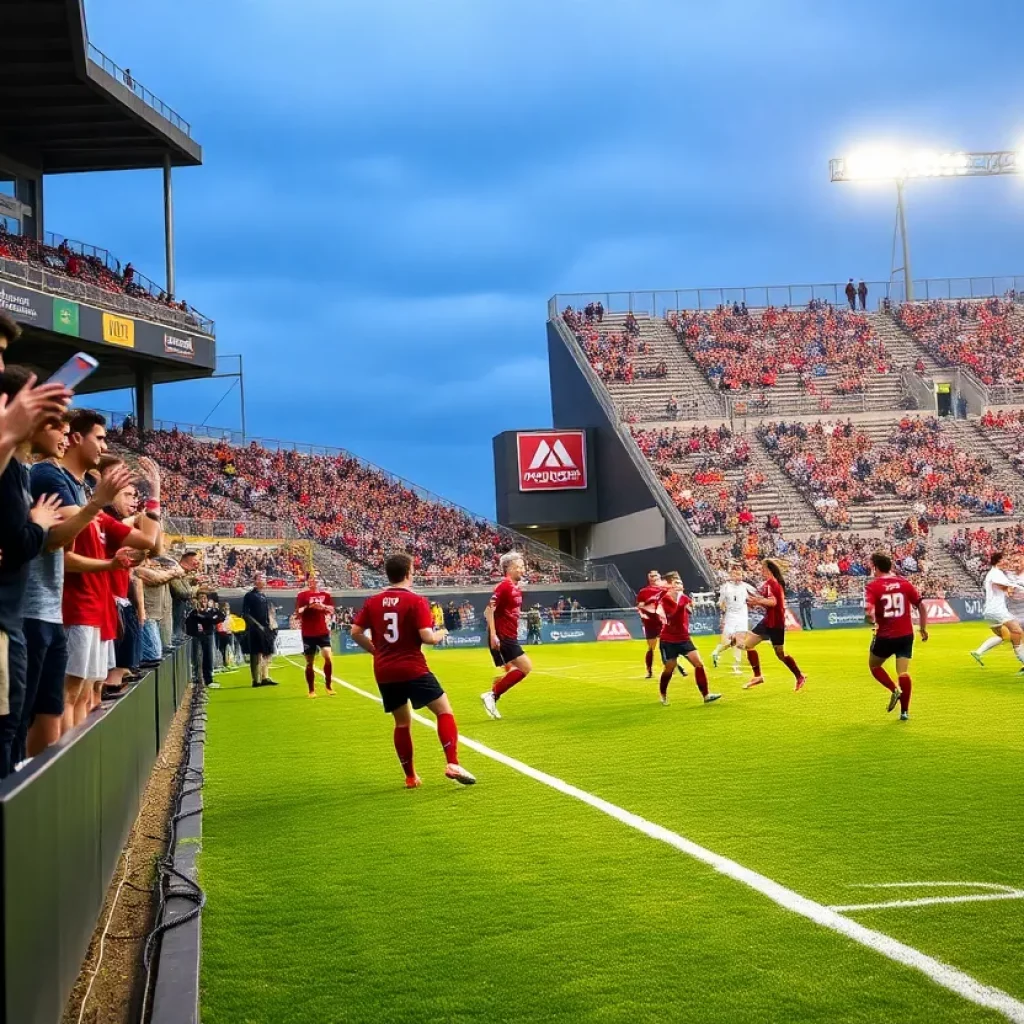 Players competing in the Iowa high school soccer championship with fans cheering in the background.