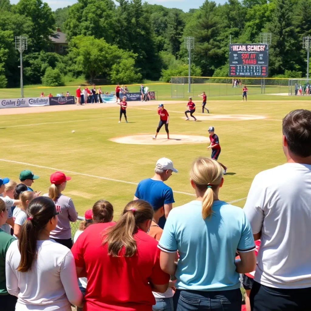 View of a high school softball field with players and fans.