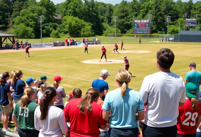 View of a high school softball field with players and fans.