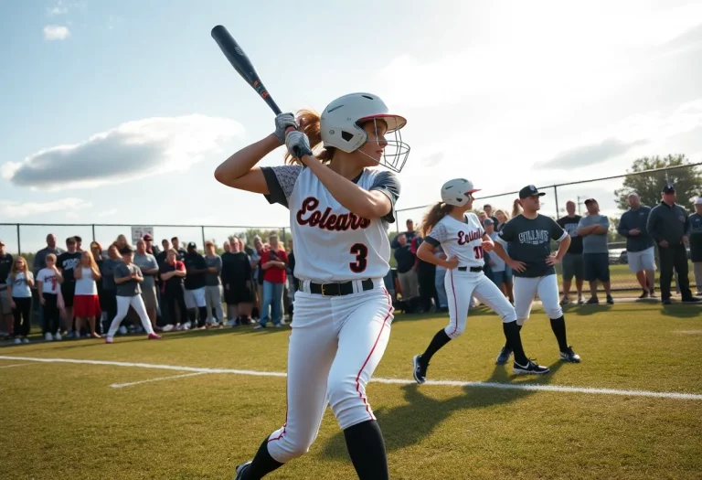 Players from different high school softball teams in action during a game
