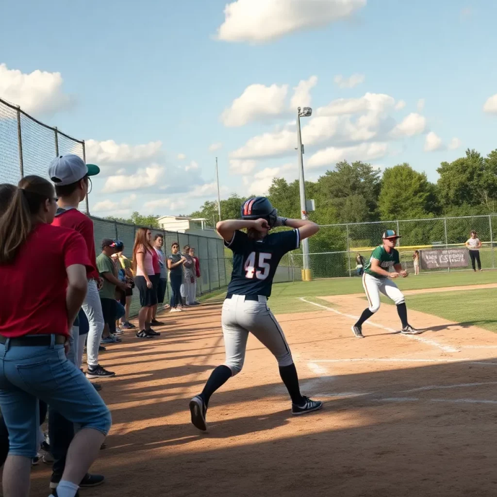 Softball players in a tense game situation on a high school field