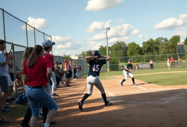 Softball players in a tense game situation on a high school field