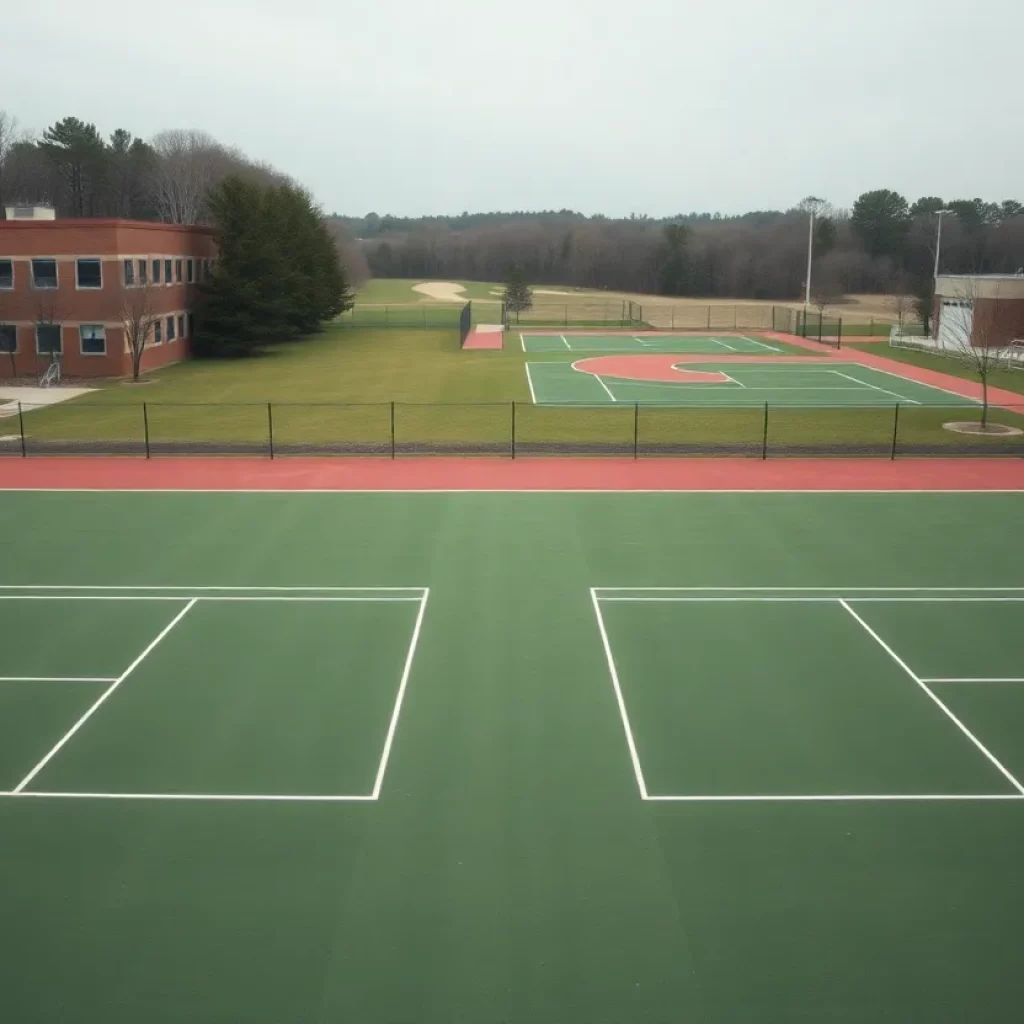 Empty high school tennis courts and golf course