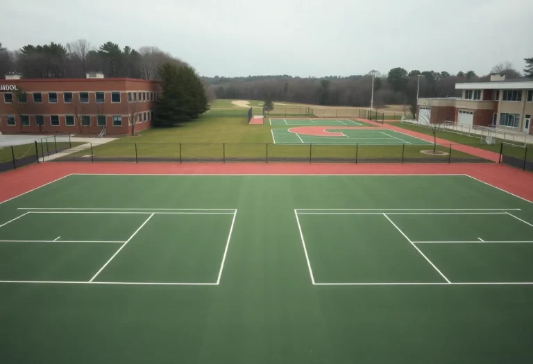 Empty high school tennis courts and golf course