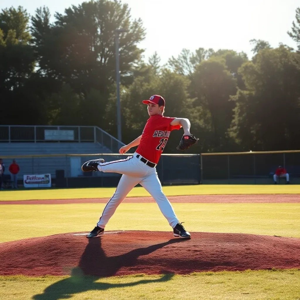 High school baseball pitcher delivering a fastball.