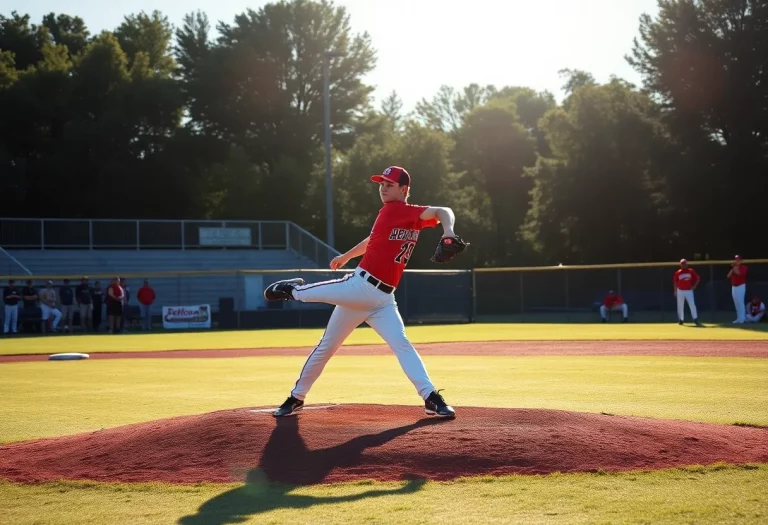 High school baseball pitcher delivering a fastball.