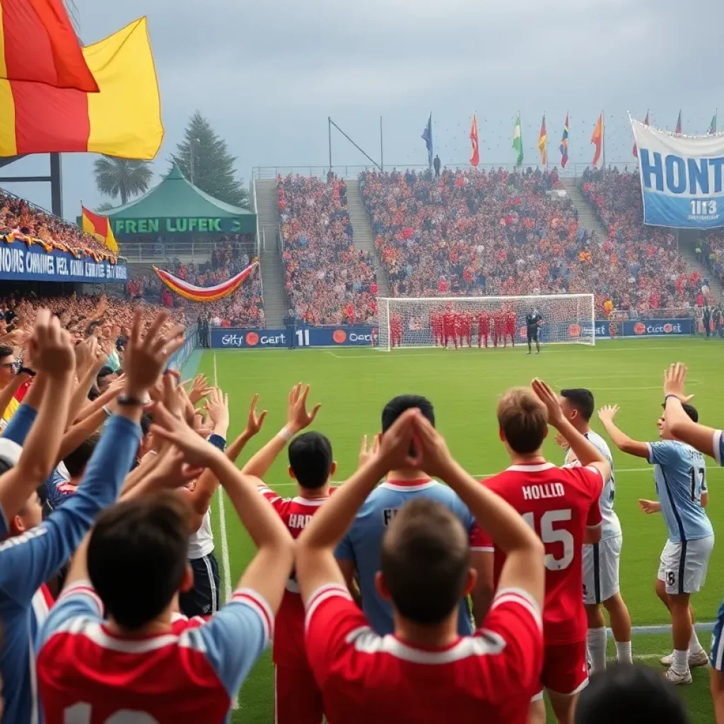 Fans celebrating the victory of J.L. Mann soccer teams with banners and team colors.