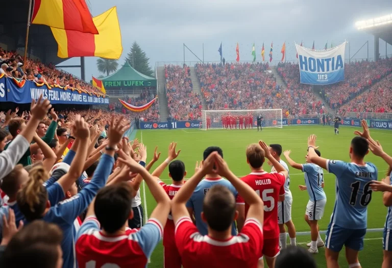 Fans celebrating the victory of J.L. Mann soccer teams with banners and team colors.