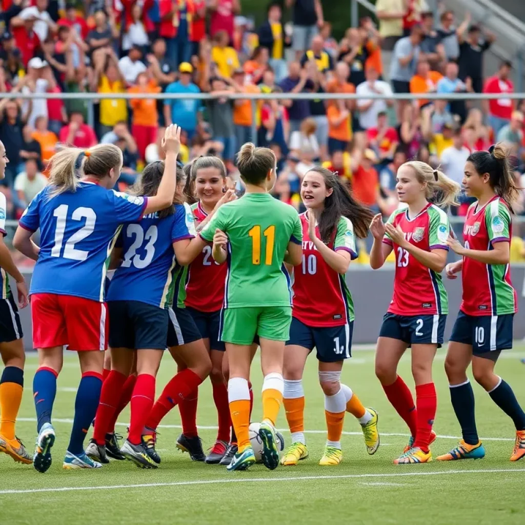 Soccer team celebrating a win on the field