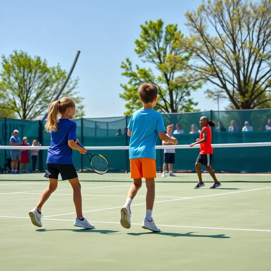 Young athletes competing in a tennis match at a junior high championship.