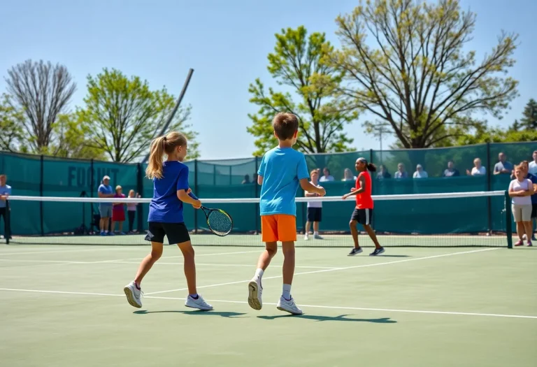 Young athletes competing in a tennis match at a junior high championship.