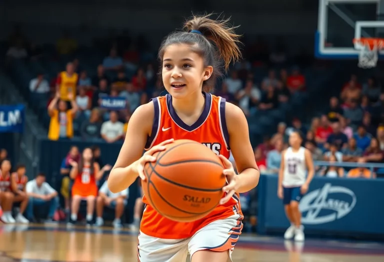 A young female basketball player in action on the court, showcasing athleticism and determination.