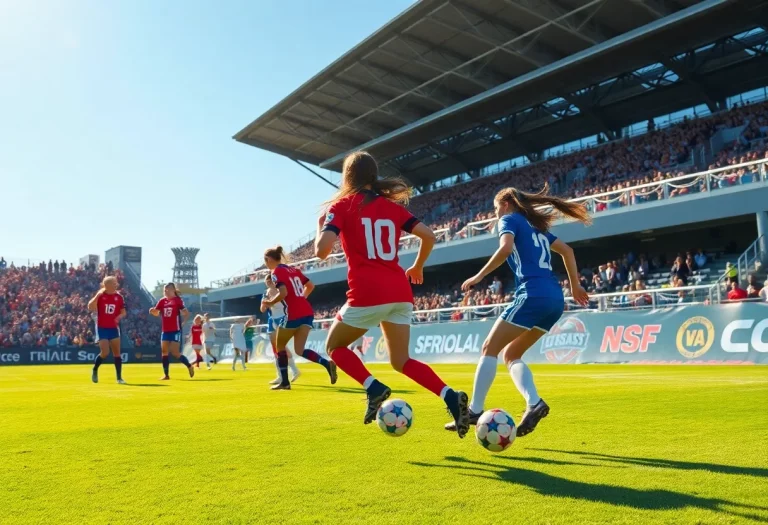 Girls soccer teams playing on a sunny field during a match.