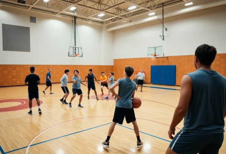 Players practicing basketball on a court