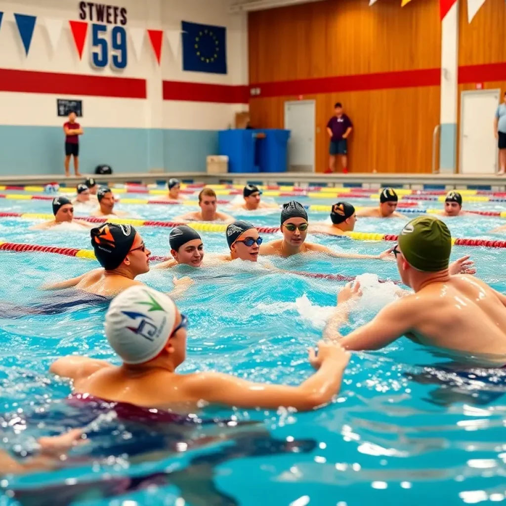 Keller High School swim team practicing in a competitive pool