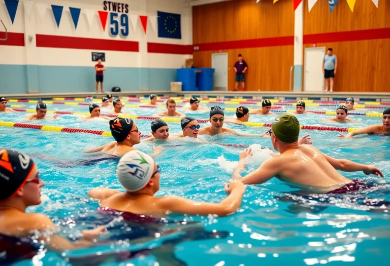 Keller High School swim team practicing in a competitive pool