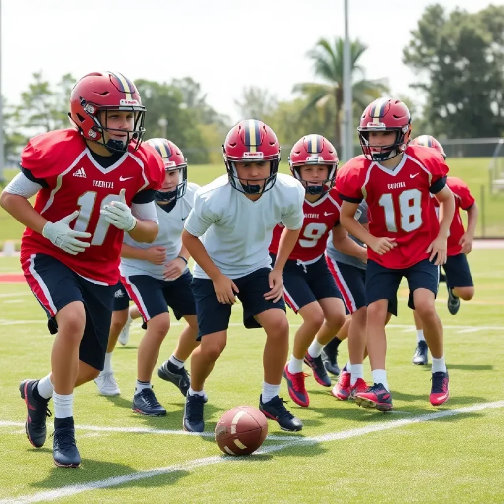 High school football players practicing on the field