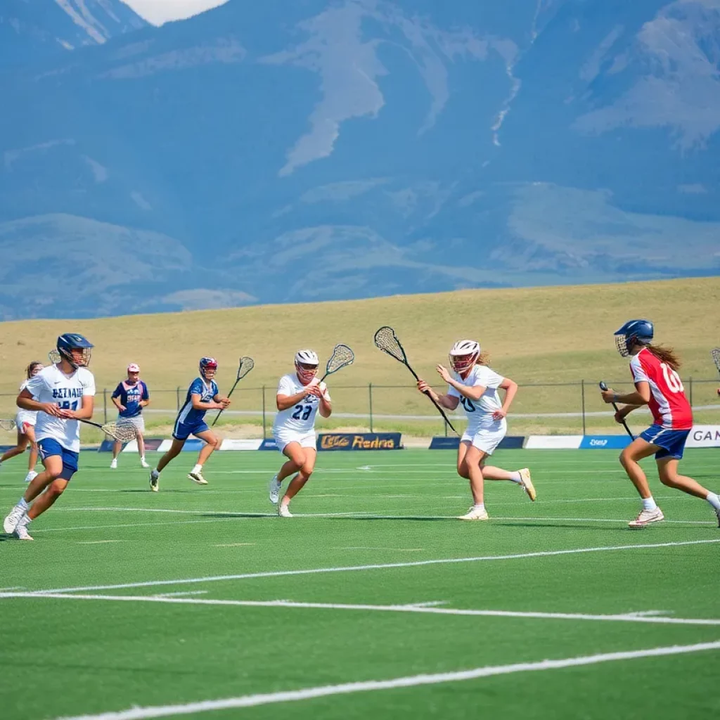 Lacrosse players demonstrating teamwork during a game on a sunny day.