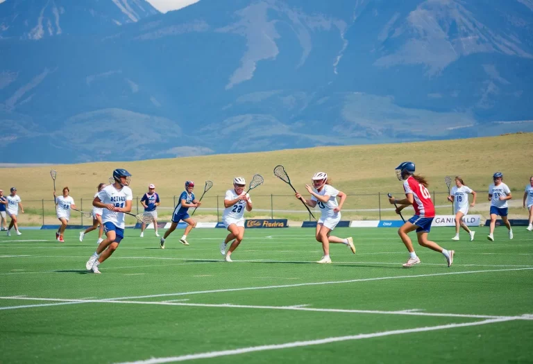 Lacrosse players demonstrating teamwork during a game on a sunny day.