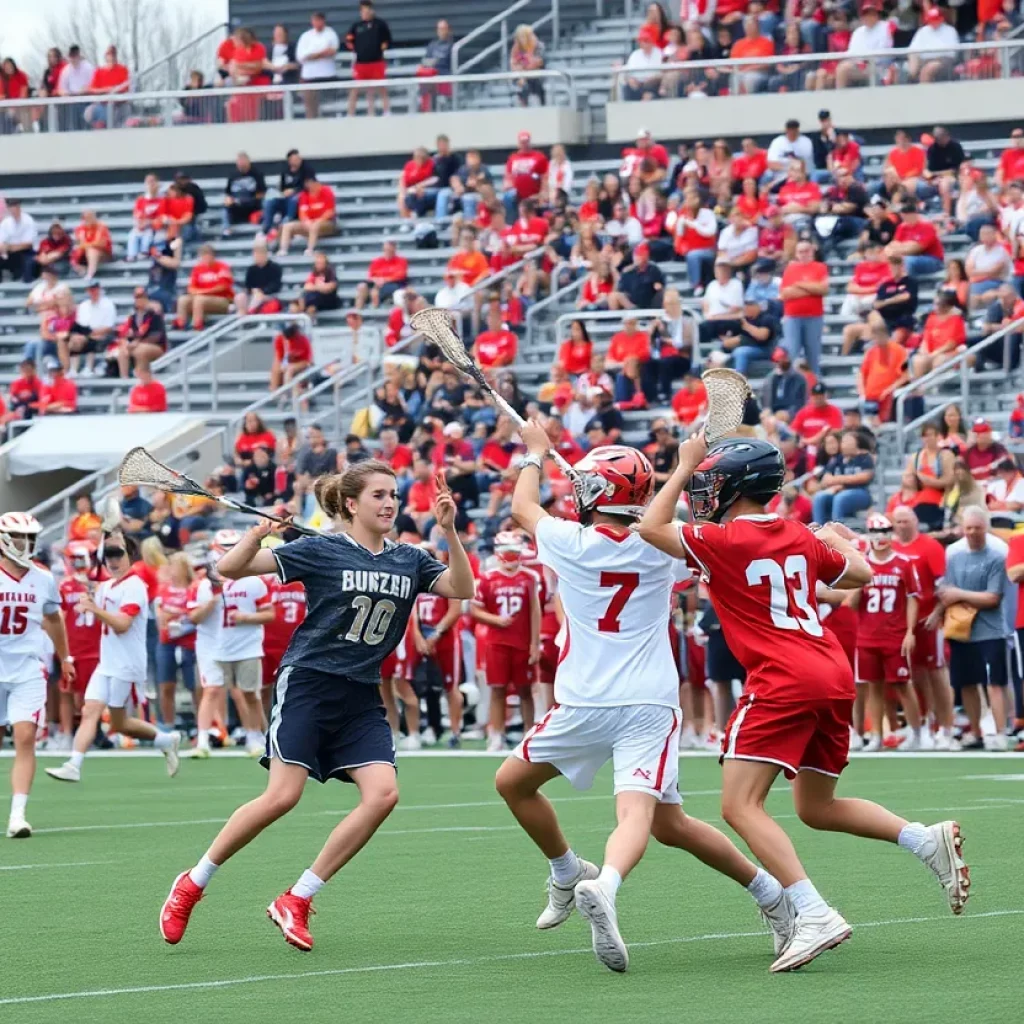High school lacrosse teams competing in a championship match