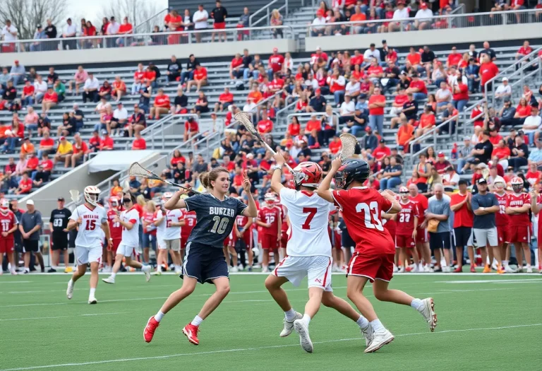 High school lacrosse teams competing in a championship match