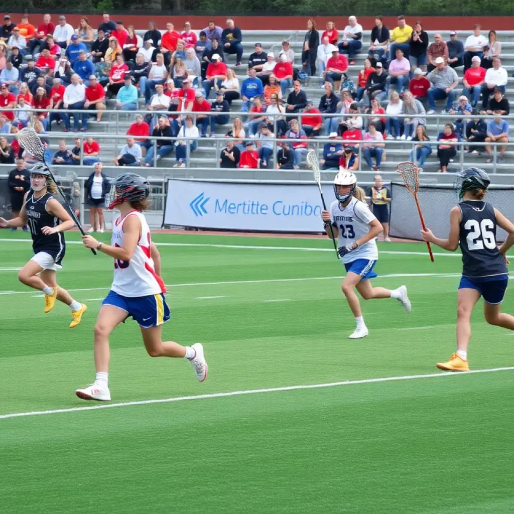 Lacrosse players competing on the field