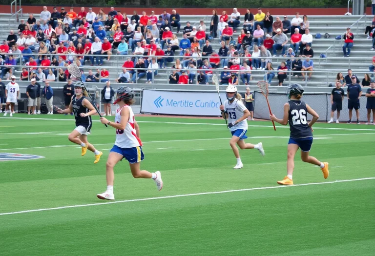 Lacrosse players competing on the field