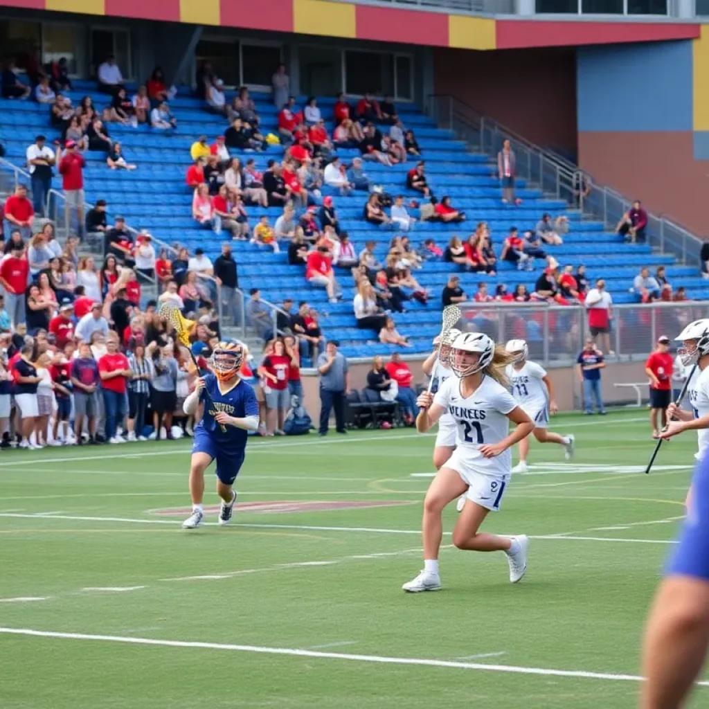 Lacrosse players competing at a high school match