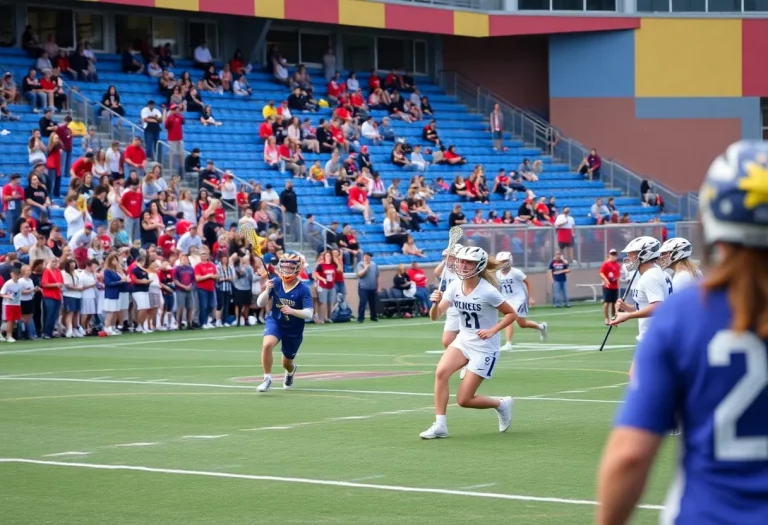 Lacrosse players competing at a high school match