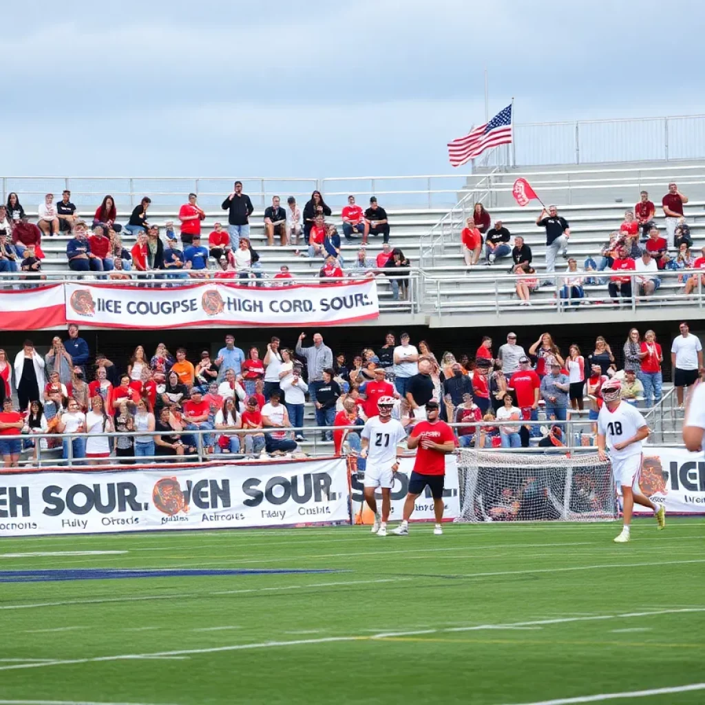 High school lacrosse teams compete in a spirited match with fans cheering in the background.