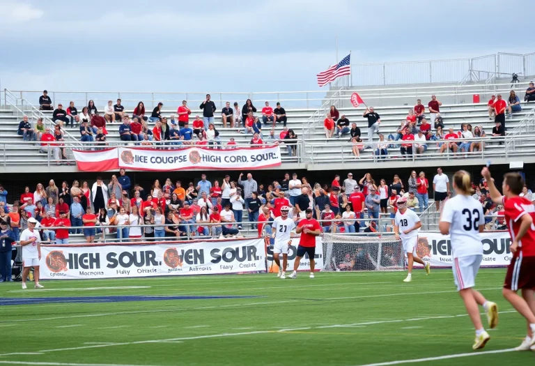 High school lacrosse teams compete in a spirited match with fans cheering in the background.