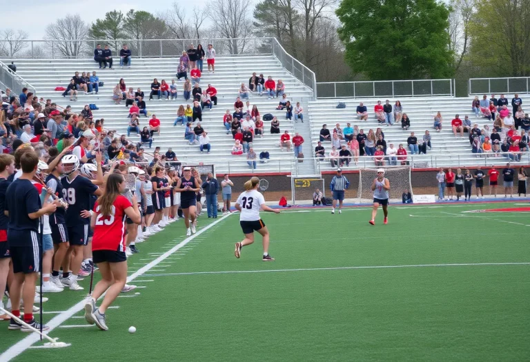 High school lacrosse players in action on the field