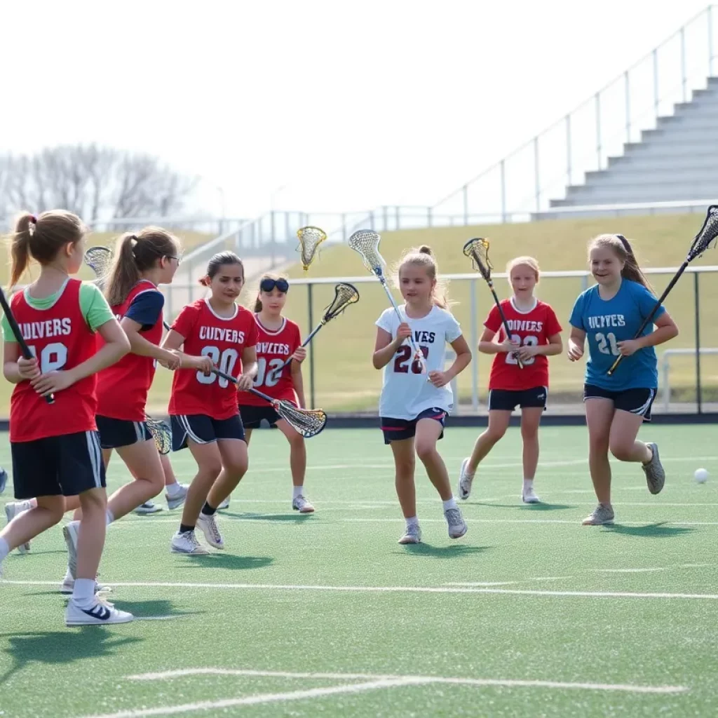 Young athletes practicing lacrosse on a sunny field