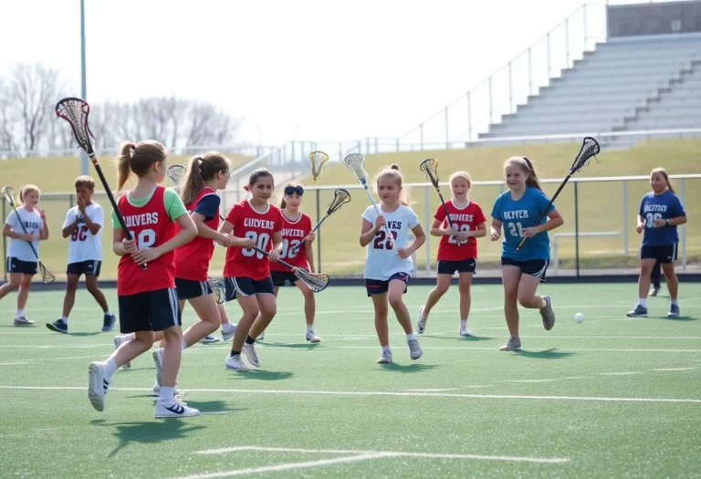 Young athletes practicing lacrosse on a sunny field